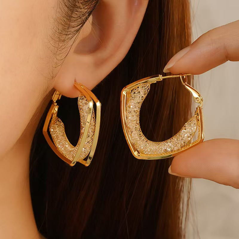 18K Gold Geometric Hollow Mesh Premium Earrings