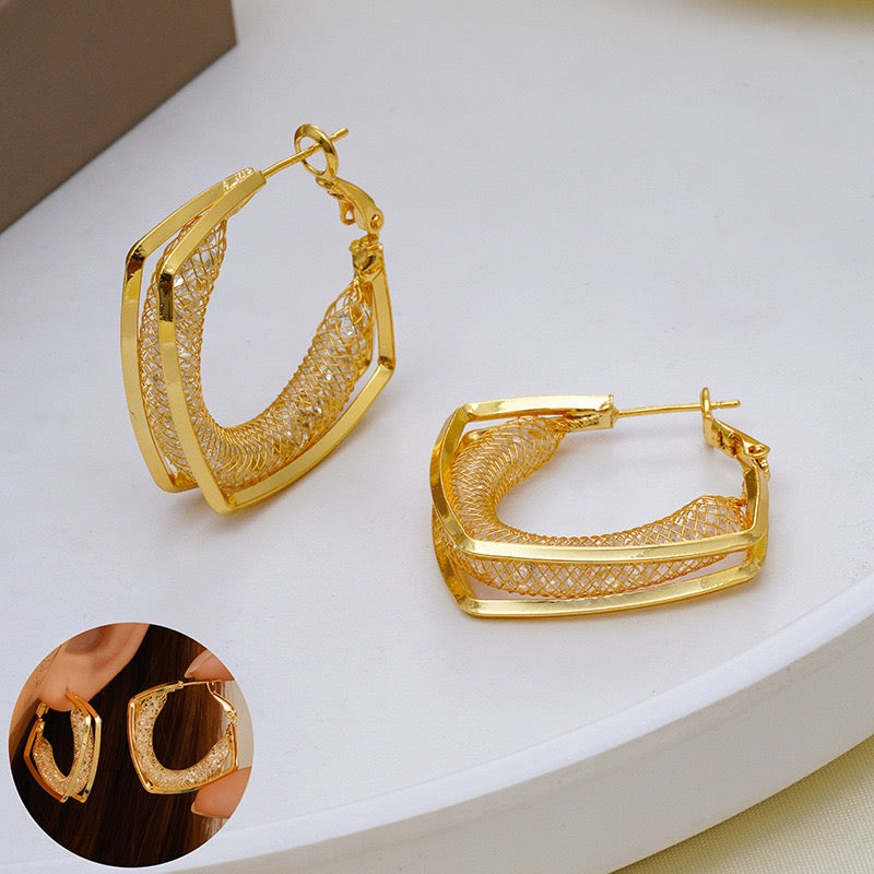 18K Gold Geometric Hollow Mesh Premium Earrings