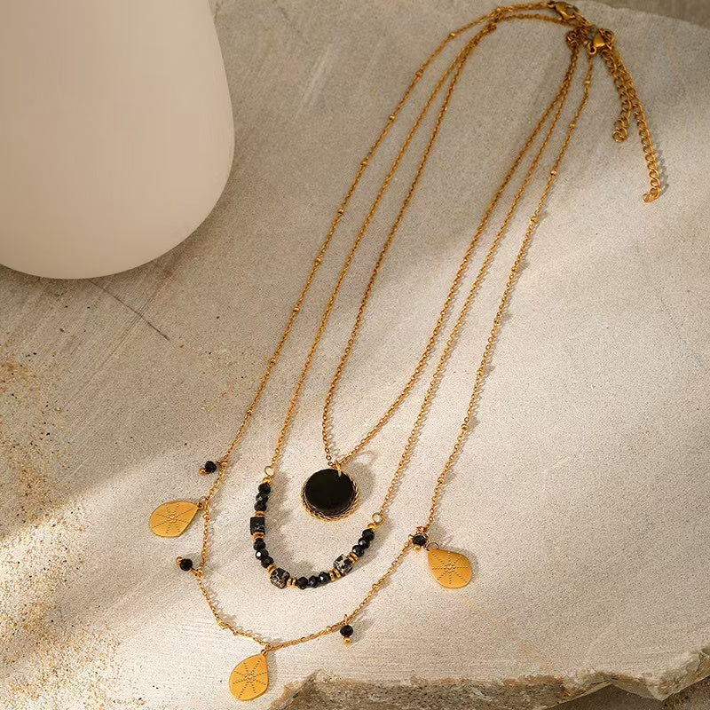 18K Gold Double Layer Obsidian Water Drop Necklace