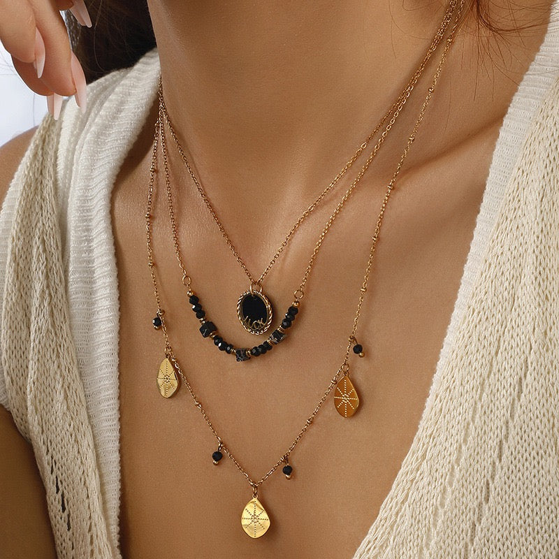 18K Gold Double Layer Obsidian Water Drop Necklace