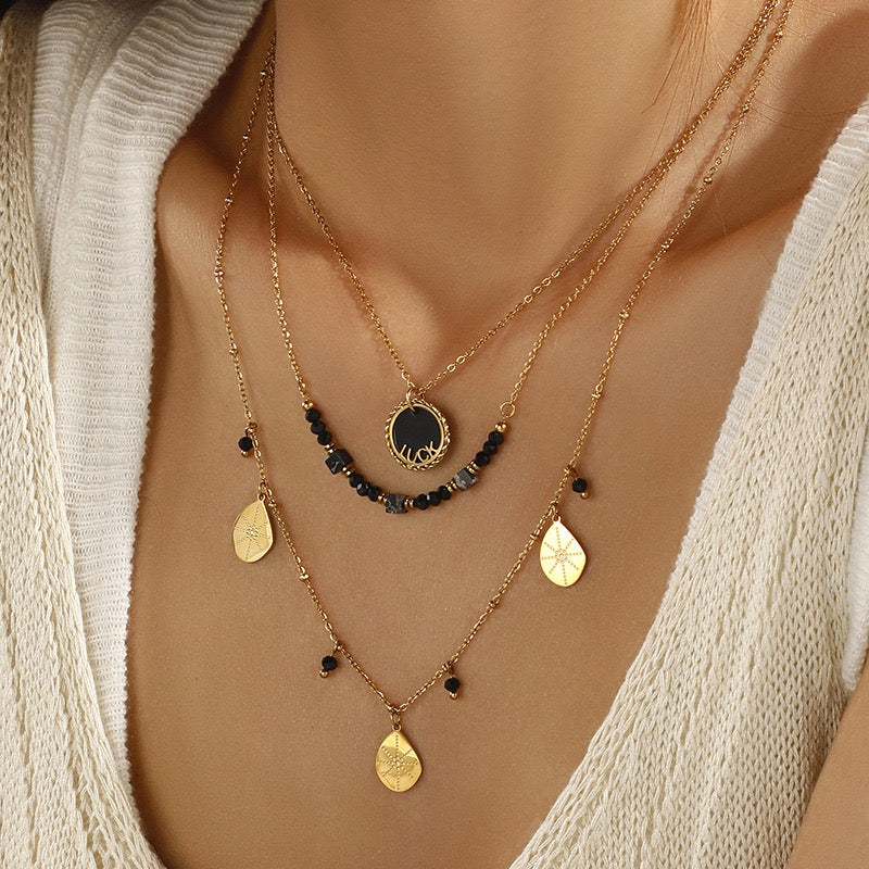 18K Gold Double Layer Obsidian Water Drop Necklace
