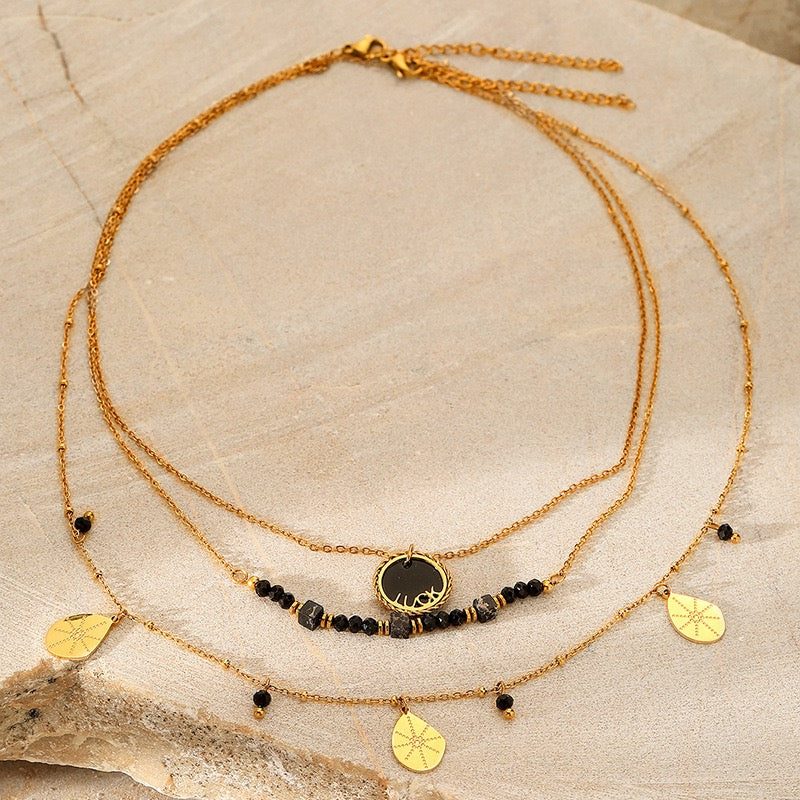 18K Gold Double Layer Obsidian Water Drop Necklace
