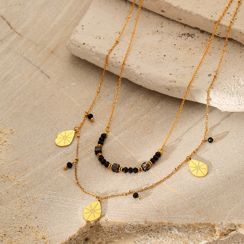 18K Gold Double Layer Obsidian Water Drop Necklace
