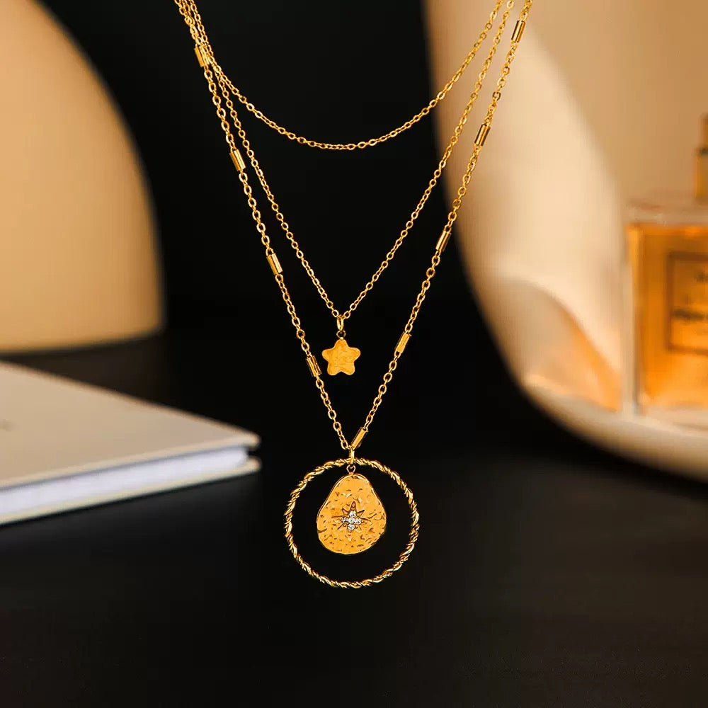 18K Gold Pentagram Round Layered Necklace