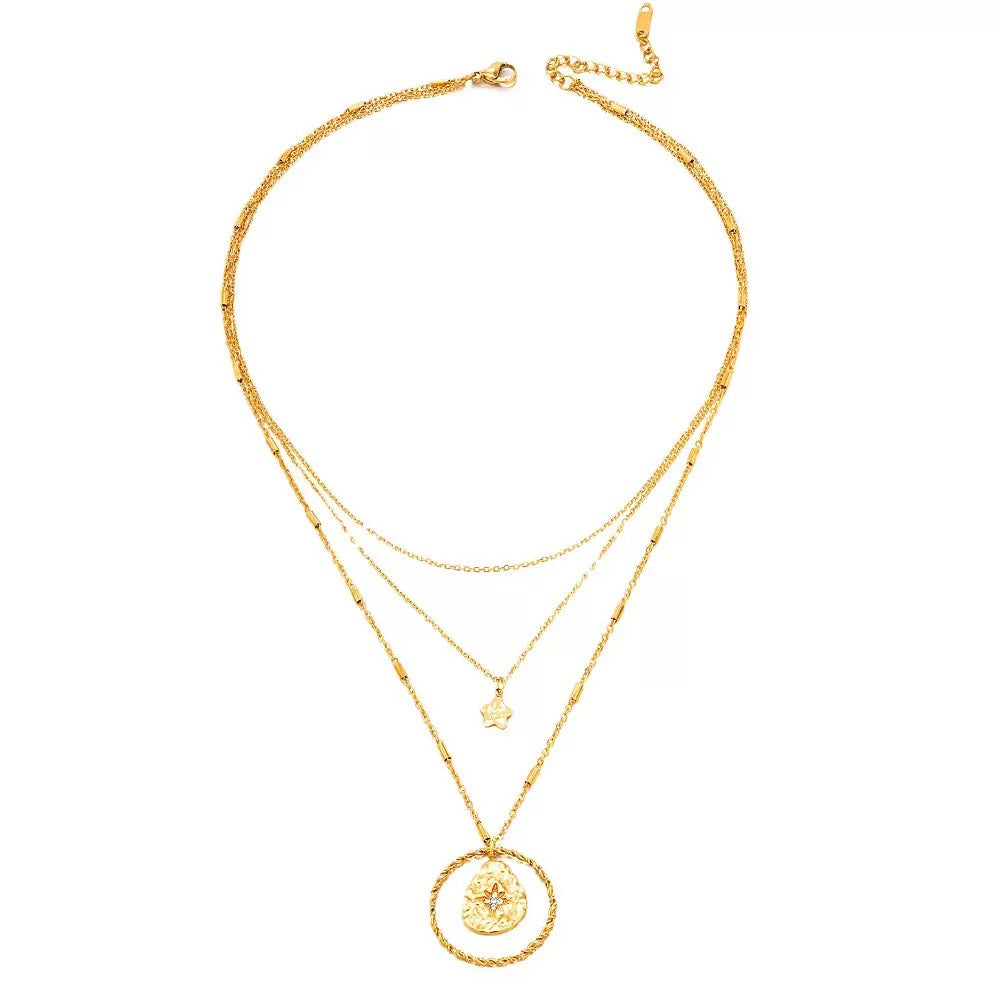 18K Gold Pentagram Round Layered Necklace