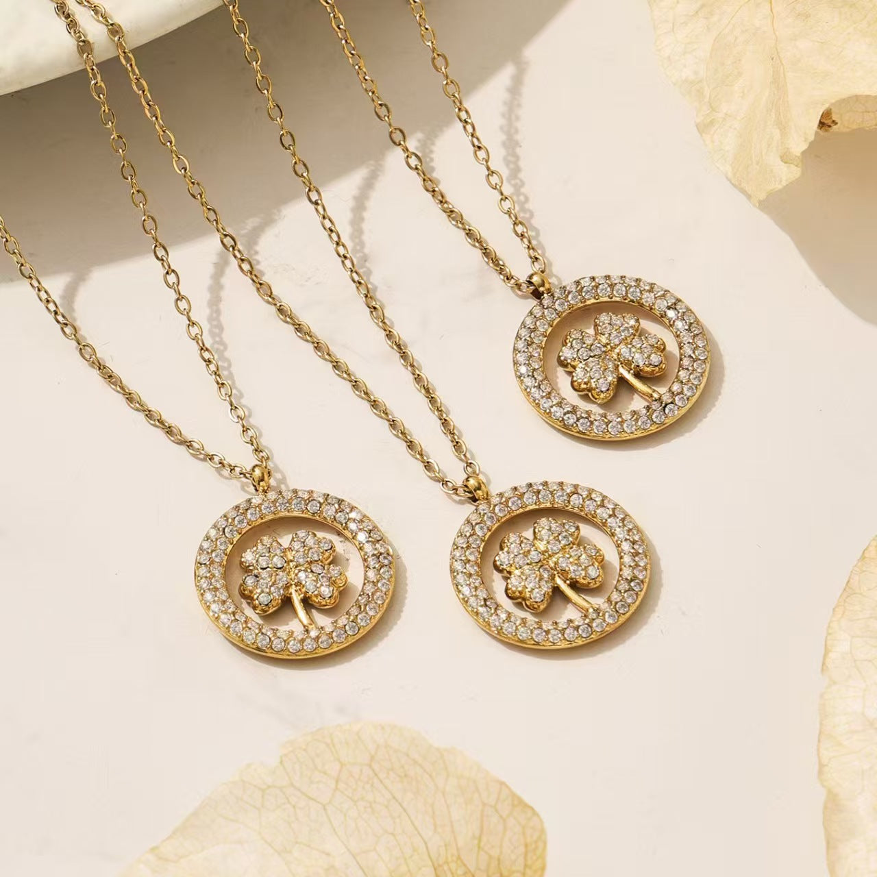 18K Gold Full Zircon Clover Necklace