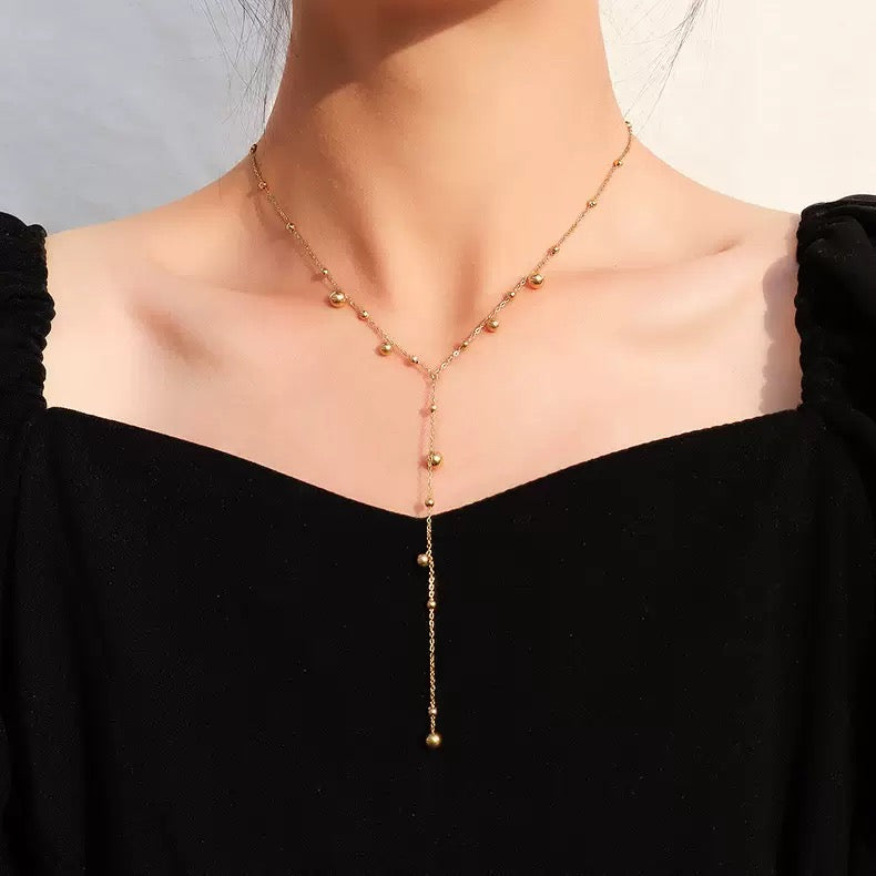 14K Gold Long Tassel Beaded Pendant Necklace