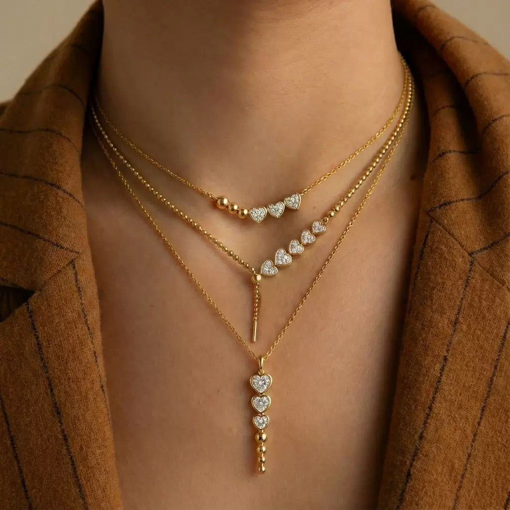 18K Gold Multi-layer Heart Zircon Stackable Necklace, Luxe Gold Tone Heart Pendant for Commute Daily Wear