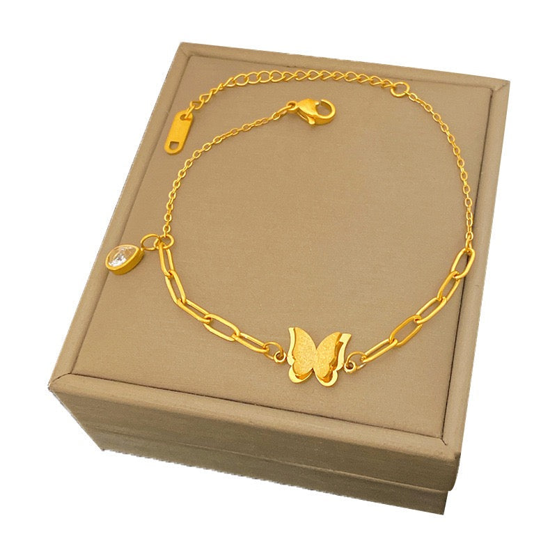 Dainty 18K Gold Micro Paved Zircon Butterfly Bracelet, Versatile Daily Wrist Jewelry