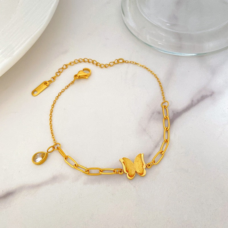 Dainty 18K Gold Micro Paved Zircon Butterfly Bracelet, Versatile Daily Wrist Jewelry