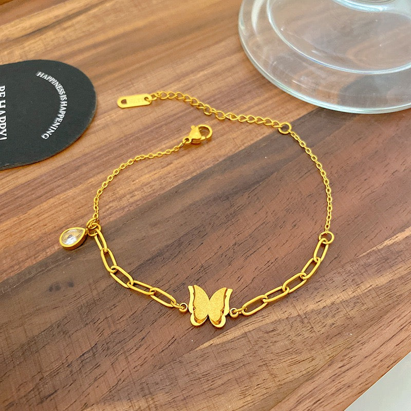 Dainty 18K Gold Micro Paved Zircon Butterfly Bracelet, Versatile Daily Wrist Jewelry