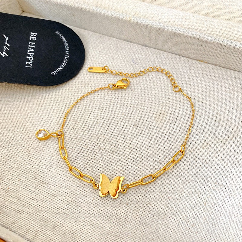 Dainty 18K Gold Micro Paved Zircon Butterfly Bracelet, Versatile Daily Wrist Jewelry