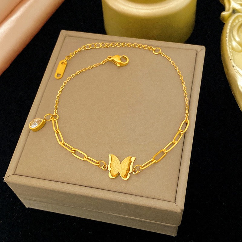 Dainty 18K Gold Micro Paved Zircon Butterfly Bracelet, Versatile Daily Wrist Jewelry
