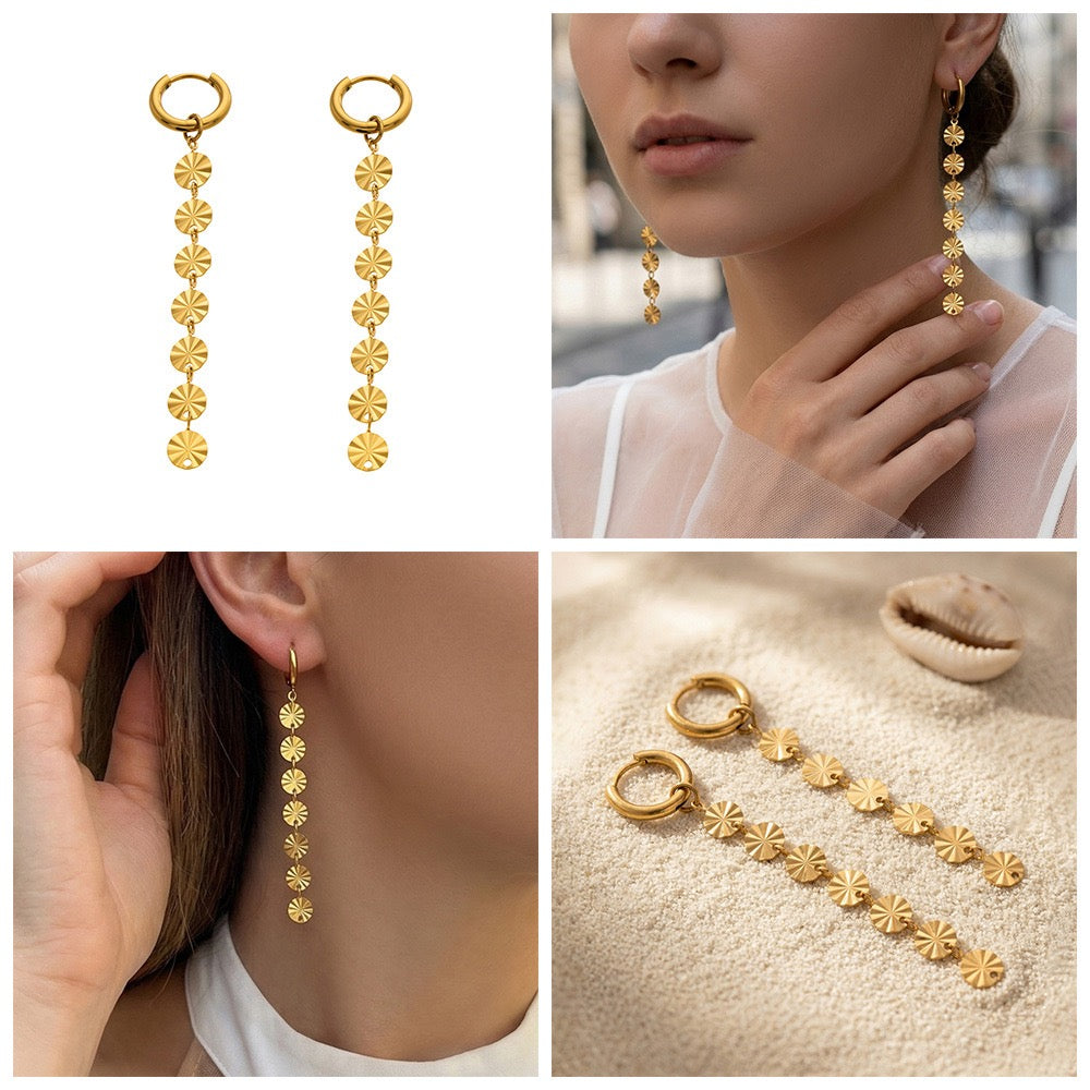 18K Gold INS Minimalist Round Disc Tassel Drop Earrings Fashion Trendy Jewelry for Women