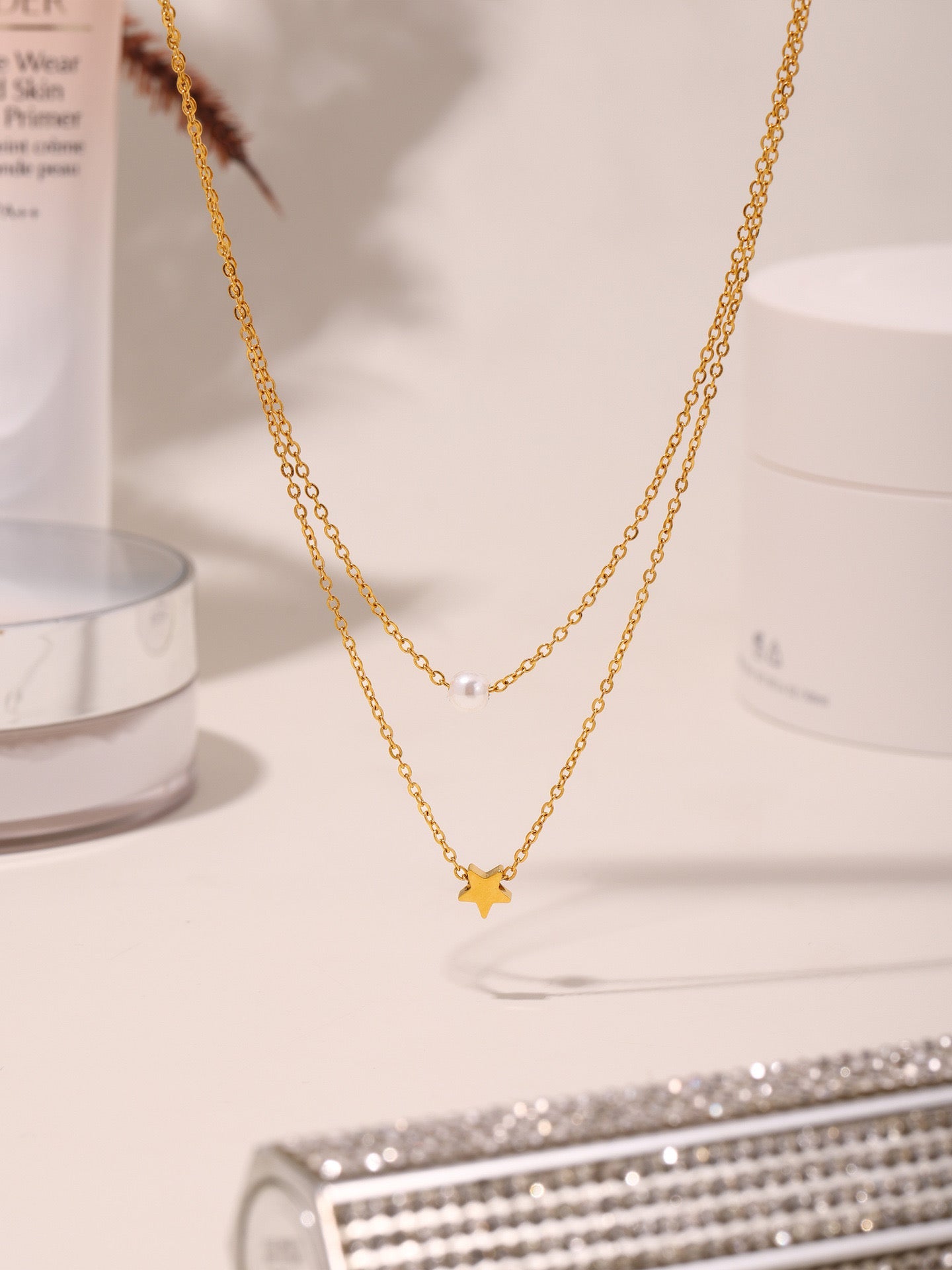 18K Gold Star Shell Pearl Multi-layer Necklace, Commuter Stackable Jewelry