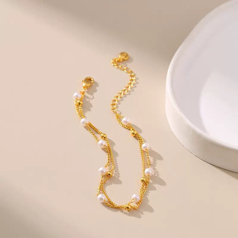 Layered Chain ABS Pearl Bracelet 18K Gold, Feminine Daily Accessory