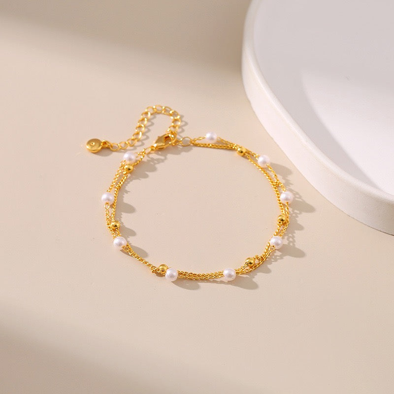 Layered Chain ABS Pearl Bracelet 18K Gold, Feminine Daily Accessory