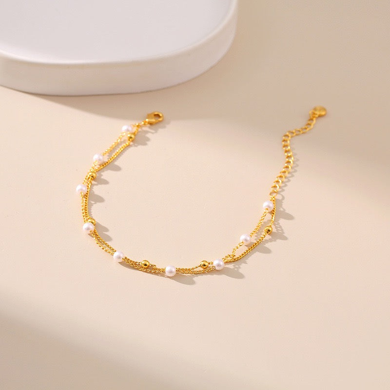 Layered Chain ABS Pearl Bracelet 18K Gold, Feminine Daily Accessory