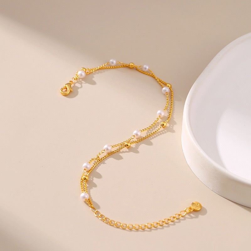 Layered Chain ABS Pearl Bracelet 18K Gold, Feminine Daily Accessory
