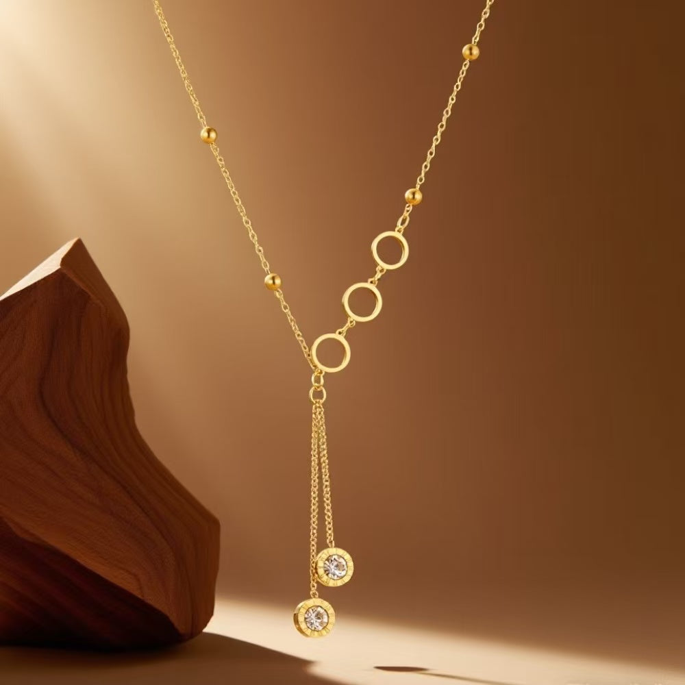 18K Gold Minimalist Luxury Versatile Long Tassel Diamond Circle Pendant Necklace