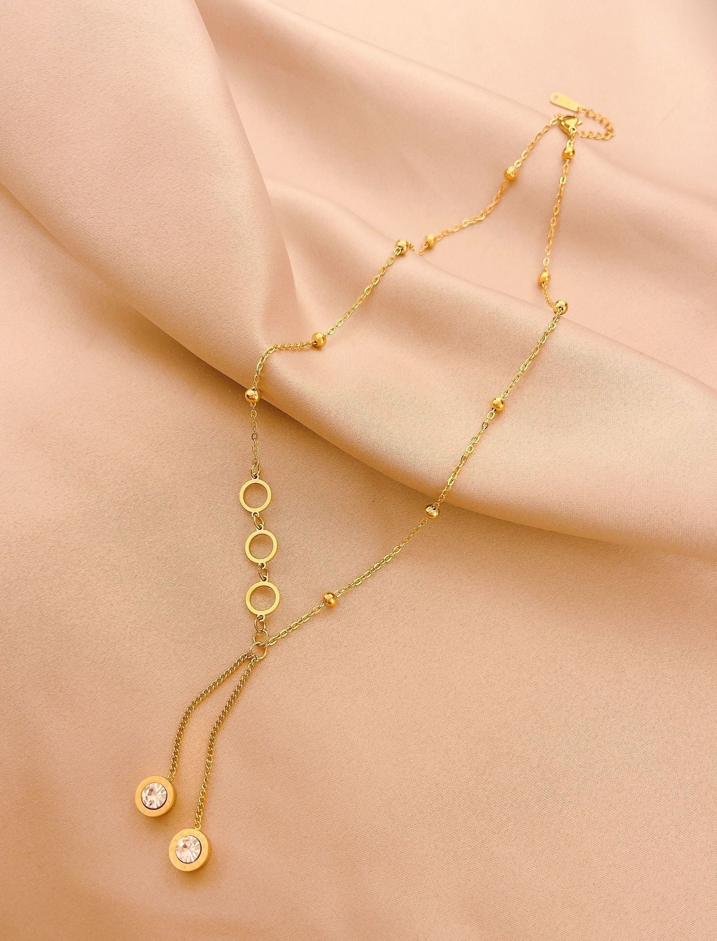 18K Gold Minimalist Luxury Versatile Long Tassel Diamond Circle Pendant Necklace
