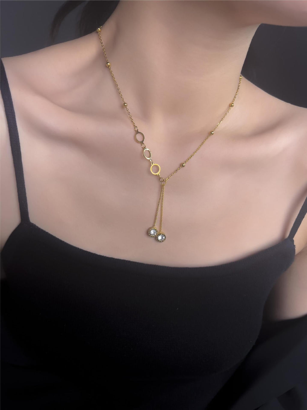 18K Gold Minimalist Luxury Versatile Long Tassel Diamond Circle Pendant Necklace