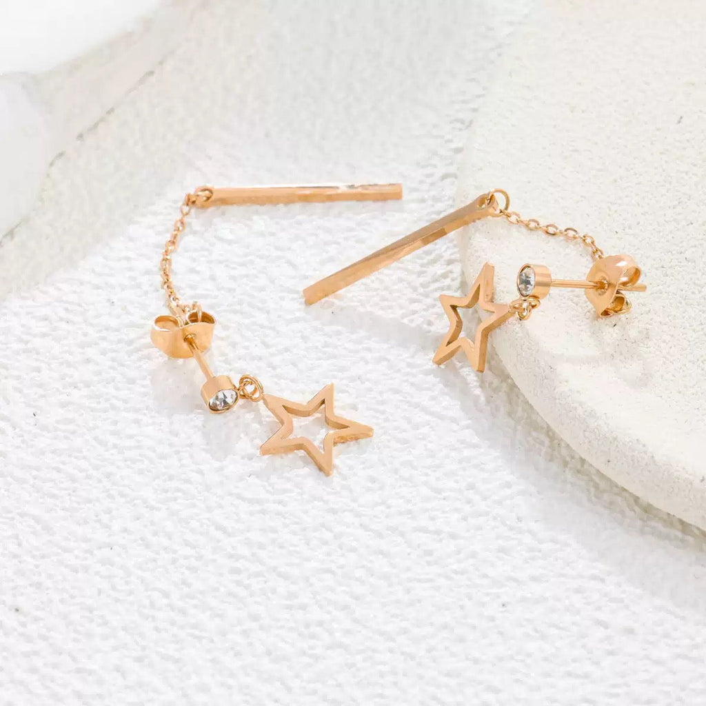 18K Rose Gold Niche Minimalist Long Star Drop Earrings
