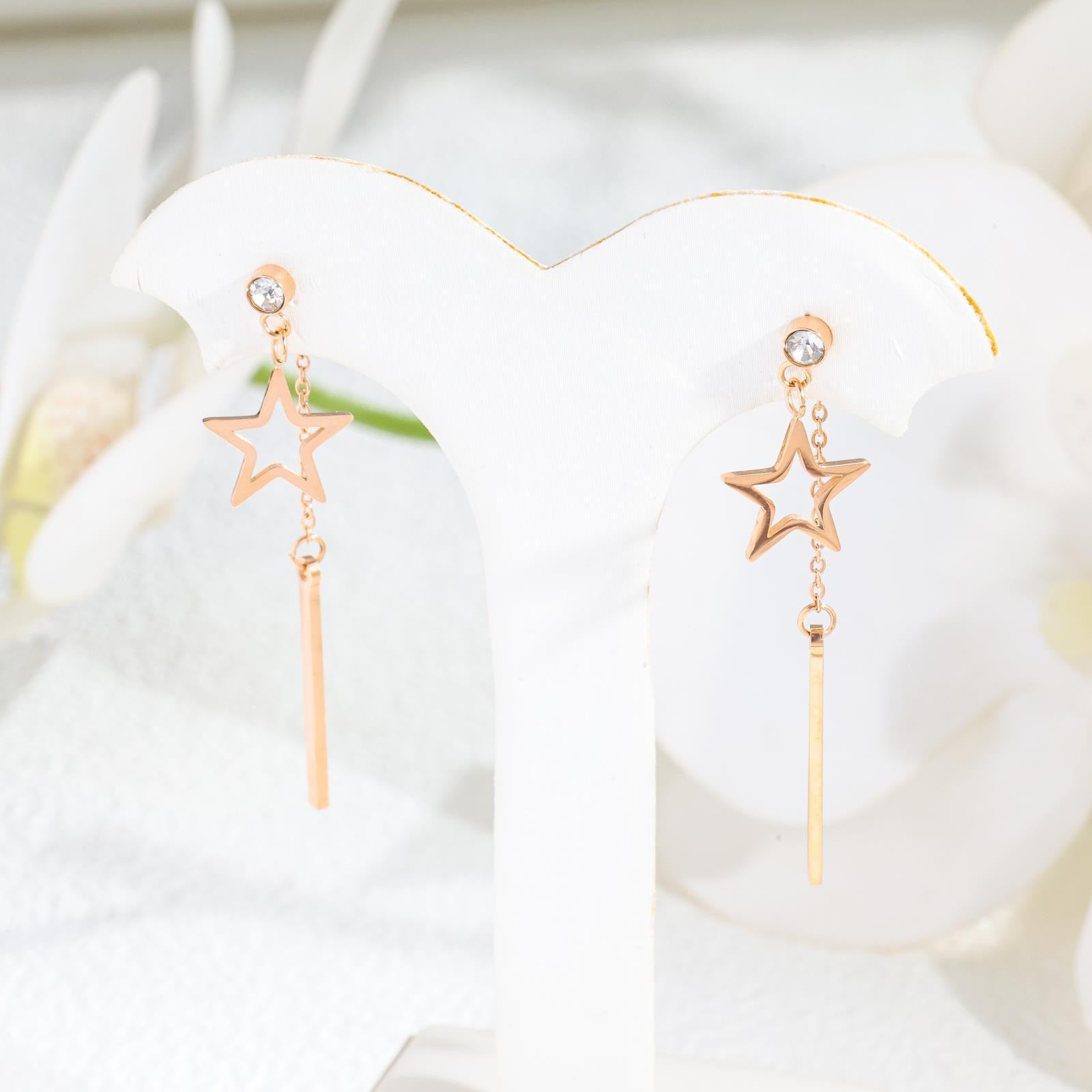 18K Rose Gold Niche Minimalist Long Star Drop Earrings