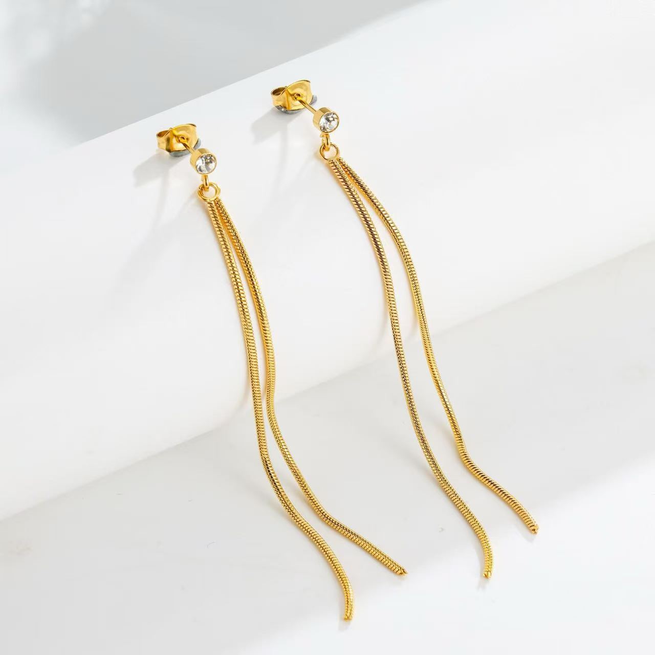 18K Gold Ins Style Stylish Personalized Single Diamond Long Tassel Earrings