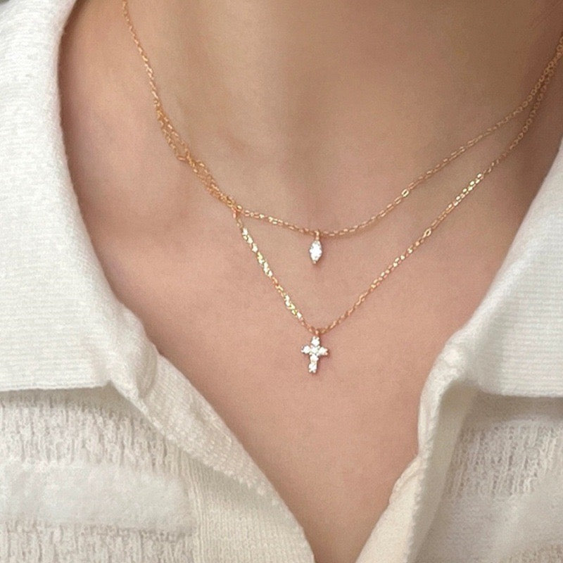 14K Gold Double Layer Clavicle Necklace, Minimalist Zircon Waterdrop Cross Design