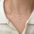 14K Gold Double Layer Clavicle Necklace, Minimalist Zircon Waterdrop Cross Design