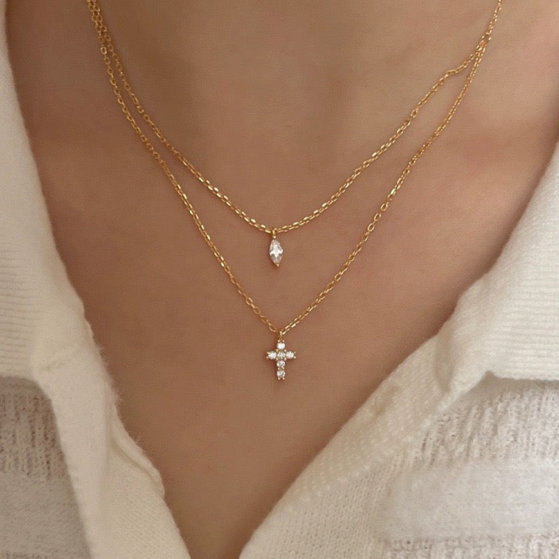 14K Gold Double Layer Clavicle Necklace, Minimalist Zircon Waterdrop Cross Design