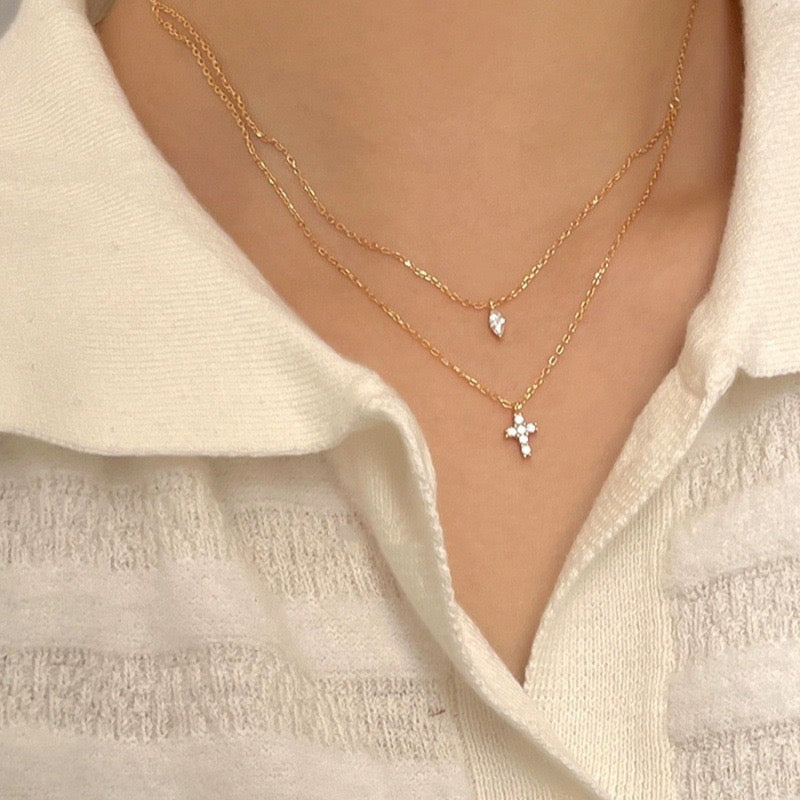 14K Gold Double Layer Clavicle Necklace, Minimalist Zircon Waterdrop Cross Design