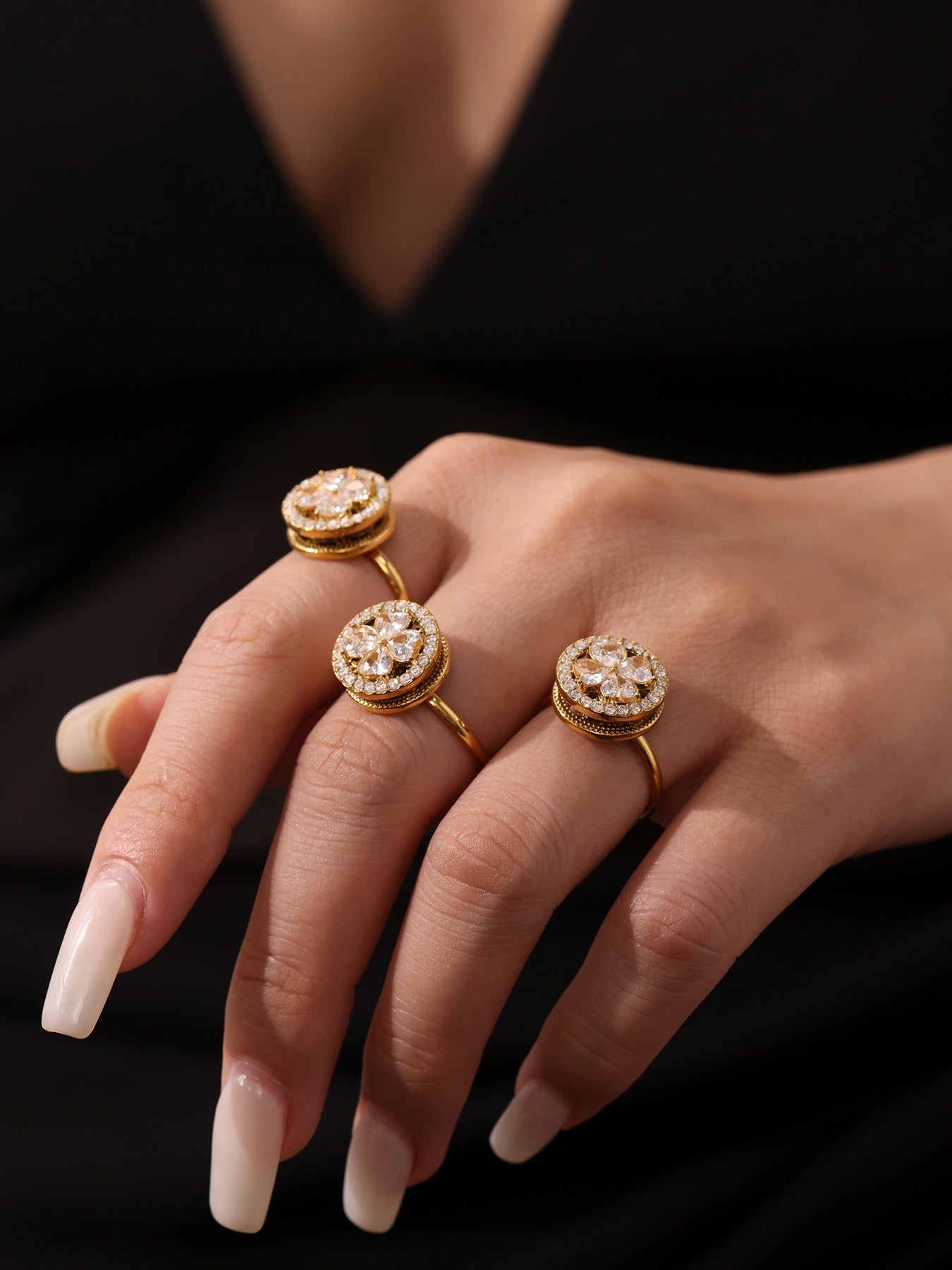 18K Gold Rotatable 5A Zircon Flower Jewelry Set, Necklace Earrings Ring Niche Elegant Set