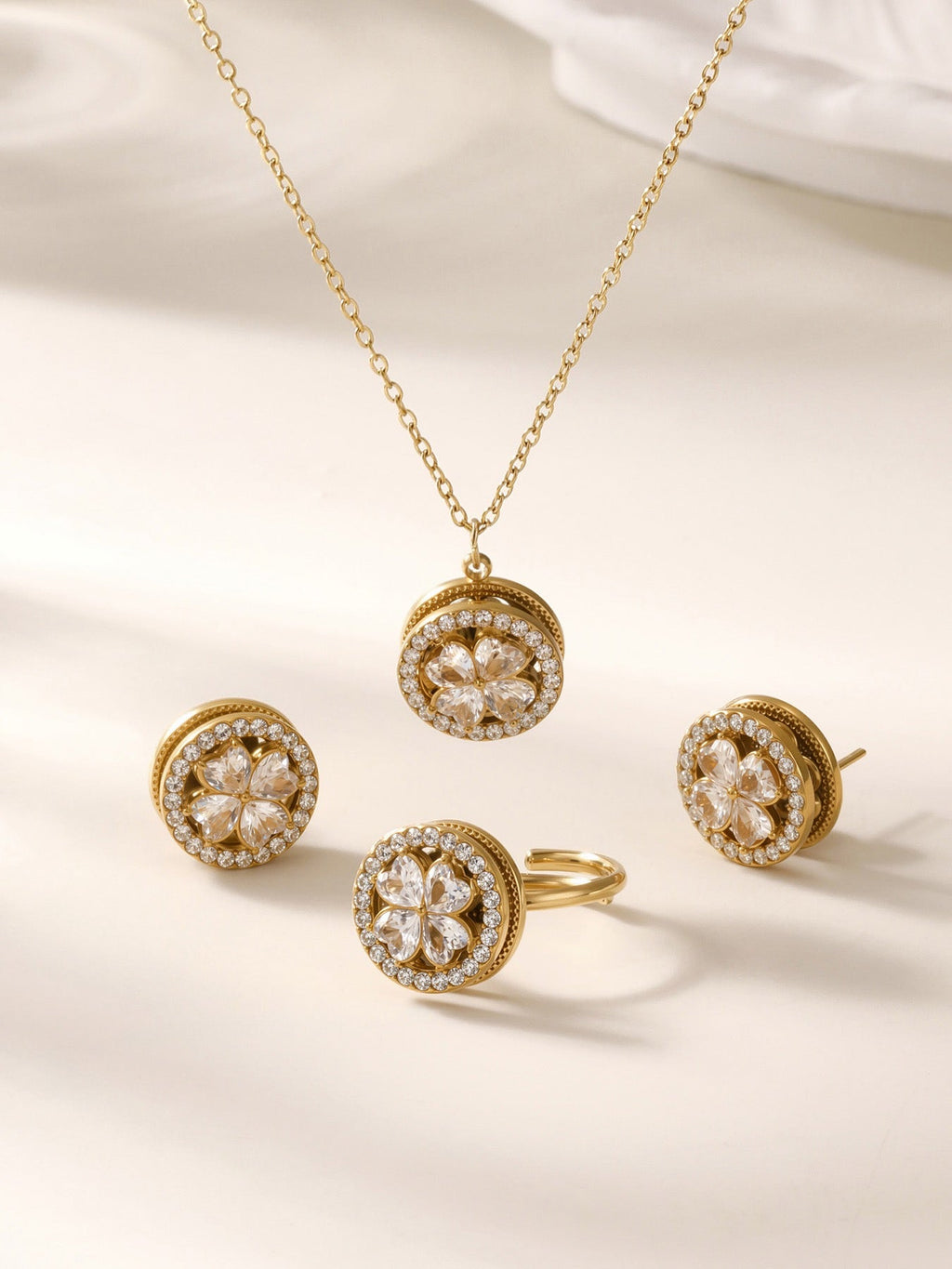18K Gold Rotatable 5A Zircon Flower Jewelry Set, Necklace Earrings Ring Niche Elegant Set