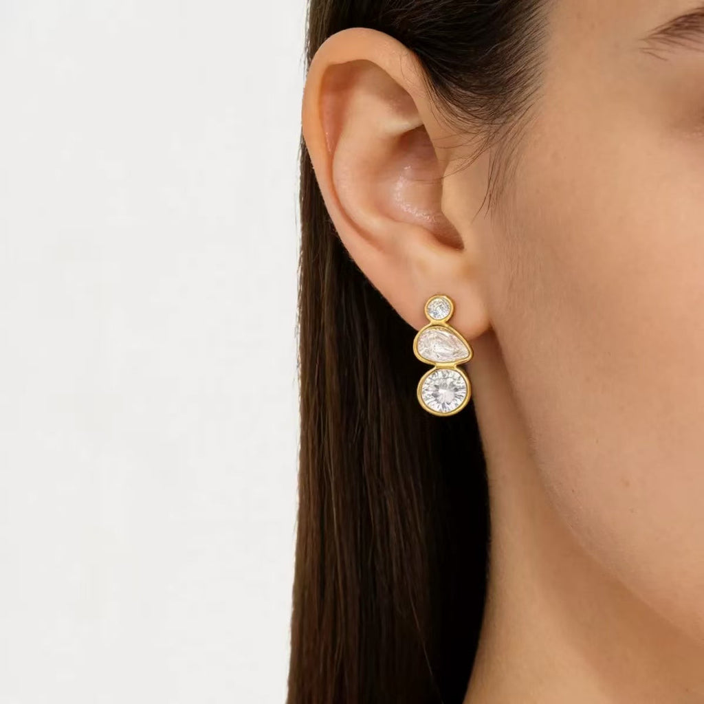 18K Gold Vintage Three CZ Stud Earrings