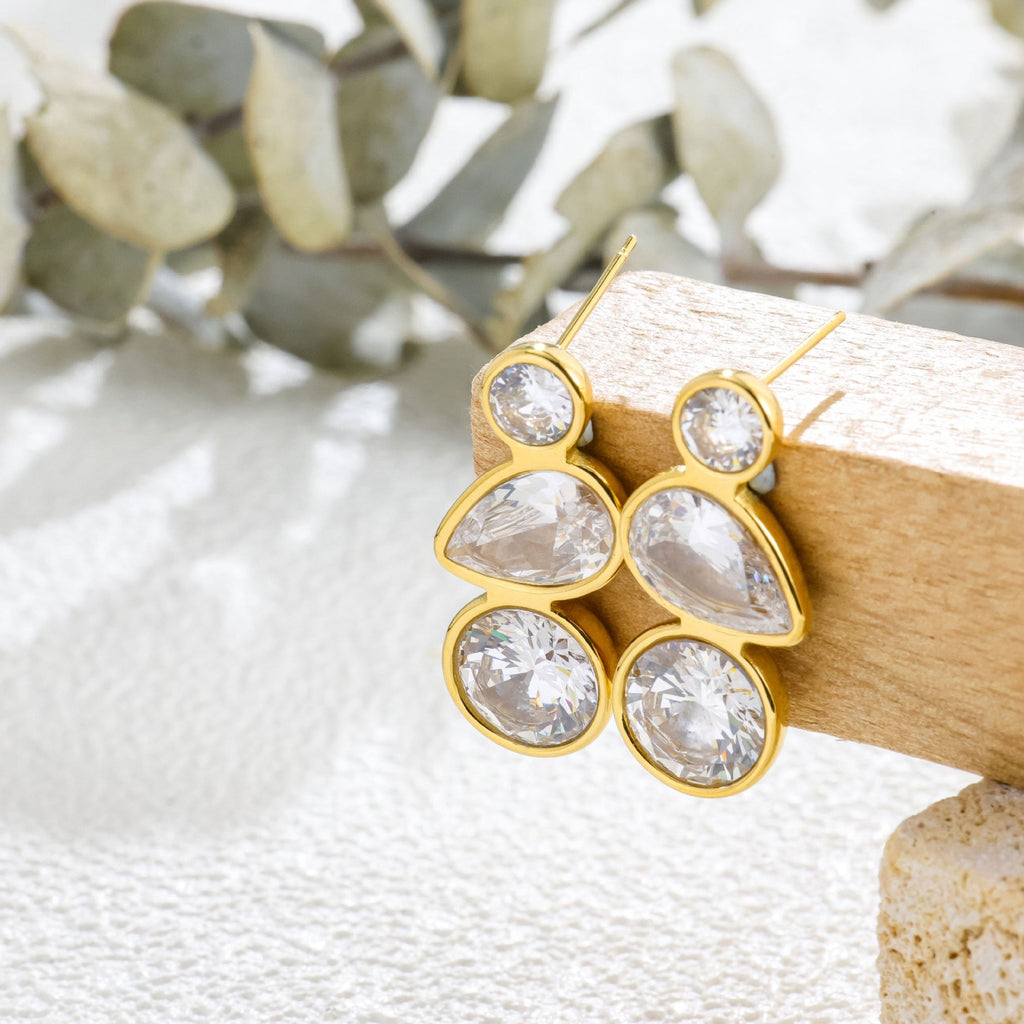 18K Gold Vintage Three CZ Stud Earrings