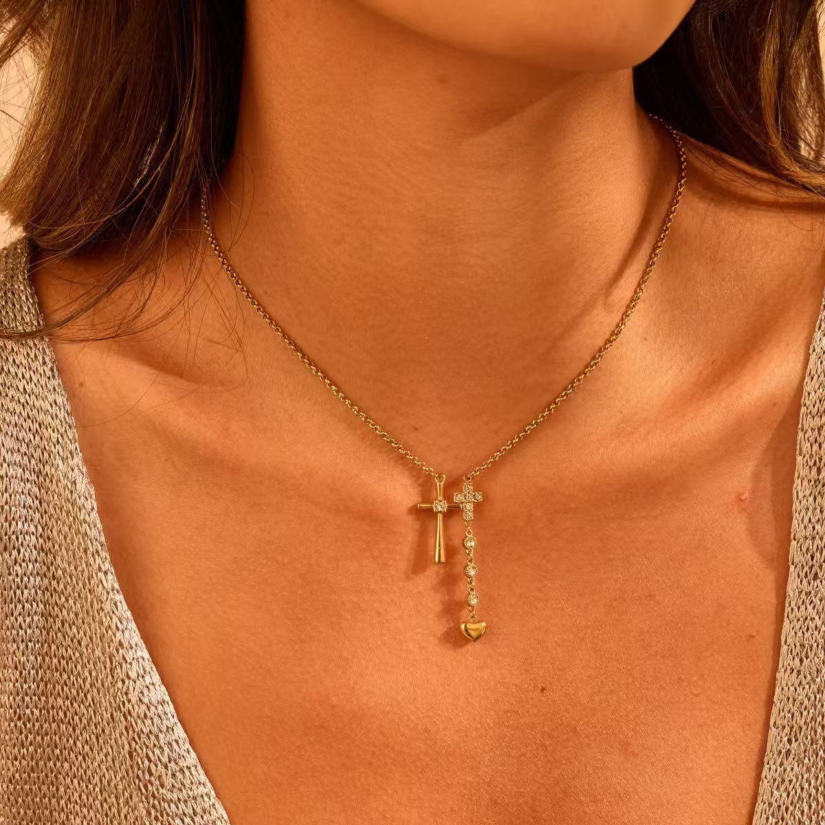18K Gold Cross & Heart Pendant Necklace