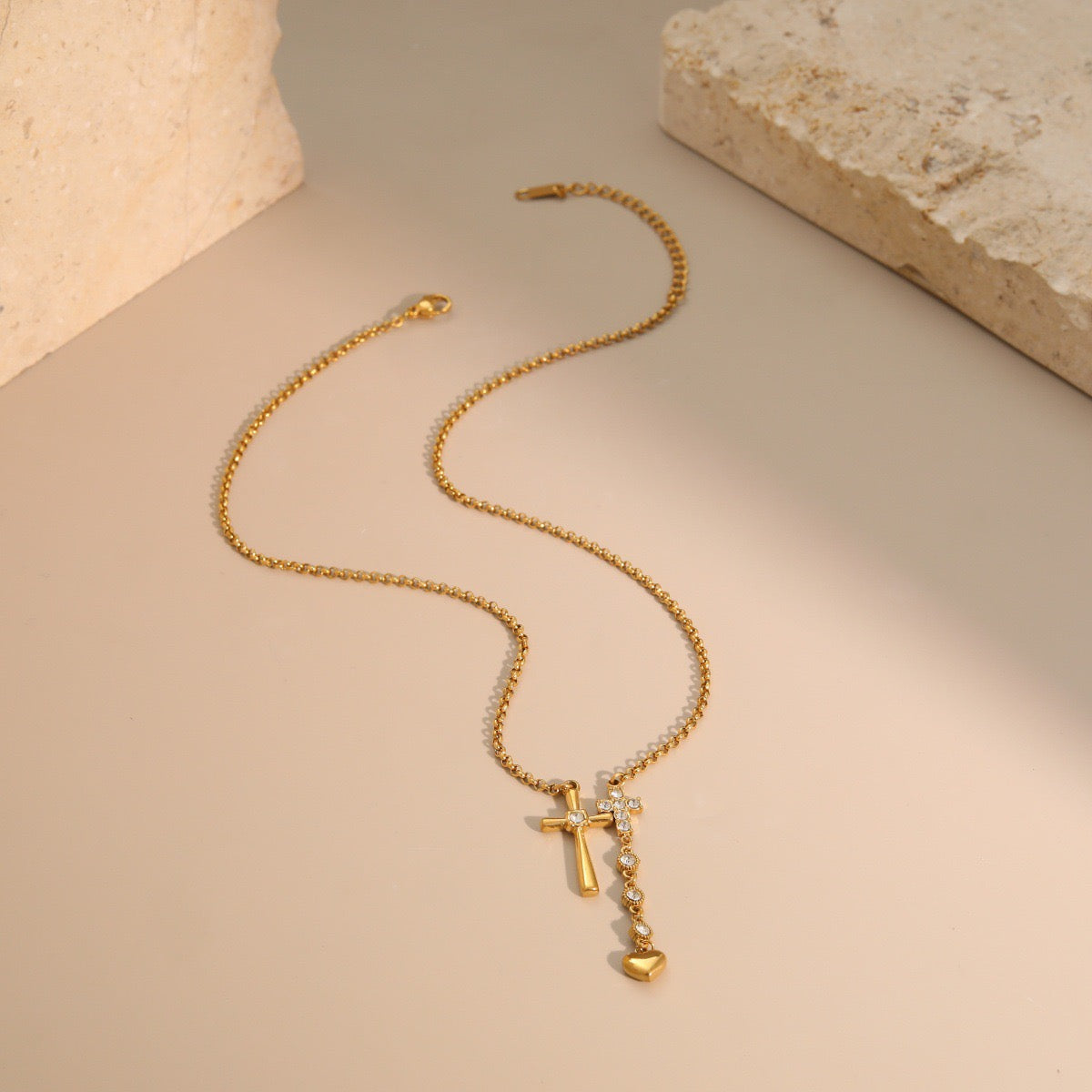18K Gold Cross & Heart Pendant Necklace