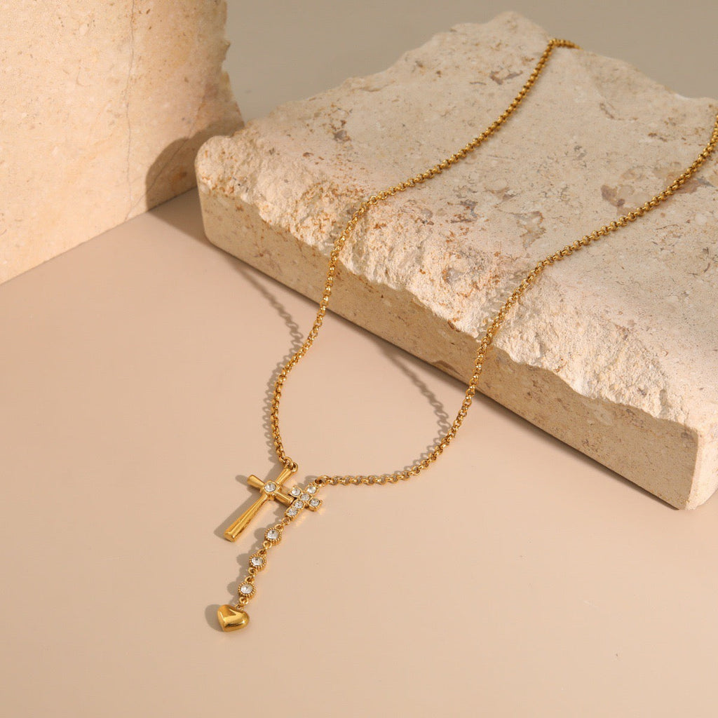 18K Gold Cross & Heart Pendant Necklace