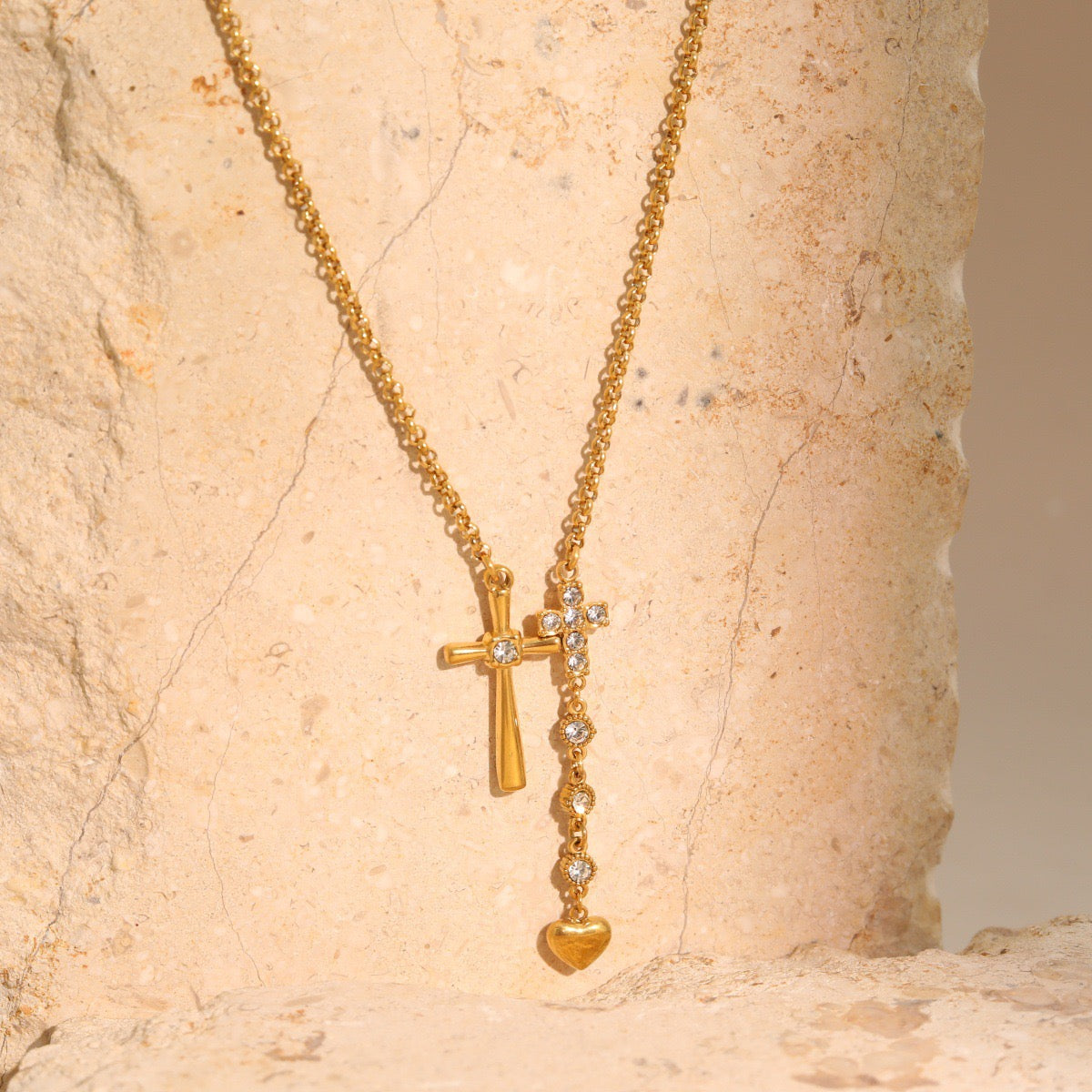 18K Gold Cross & Heart Pendant Necklace