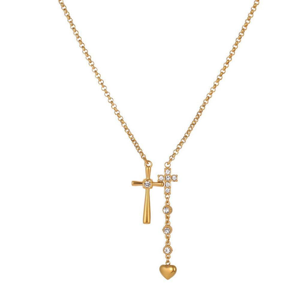 18K Gold Cross & Heart Pendant Necklace