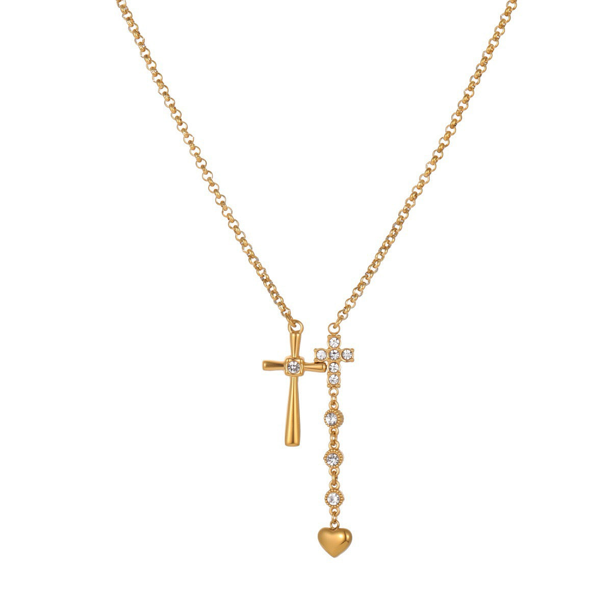 18K Gold Cross & Heart Pendant Necklace