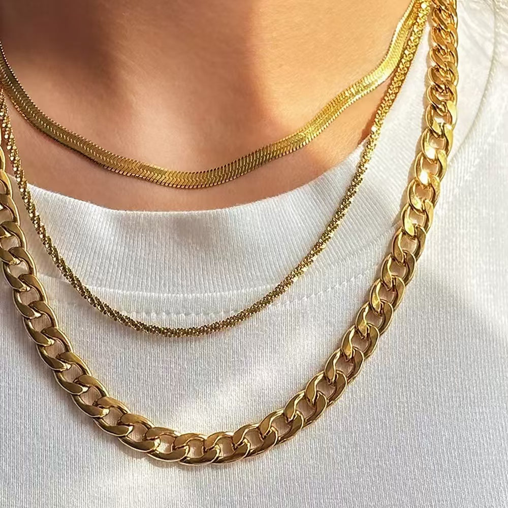 18K Gold Cuban & Snake Chain Layered Necklace Set