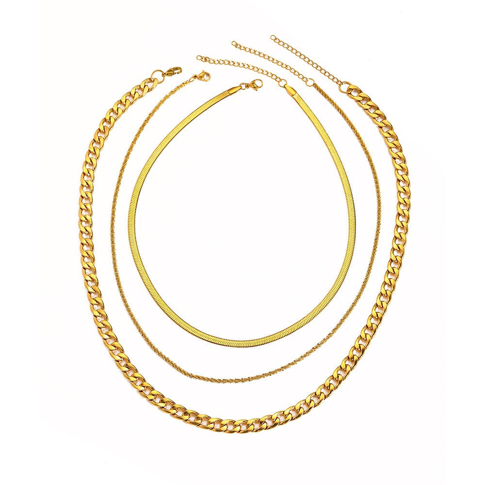 18K Gold Cuban & Snake Chain Layered Necklace Set