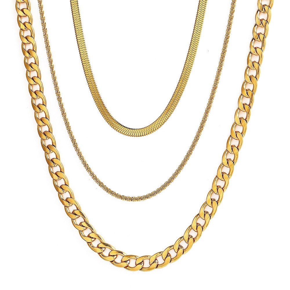 18K Gold Cuban & Snake Chain Layered Necklace Set