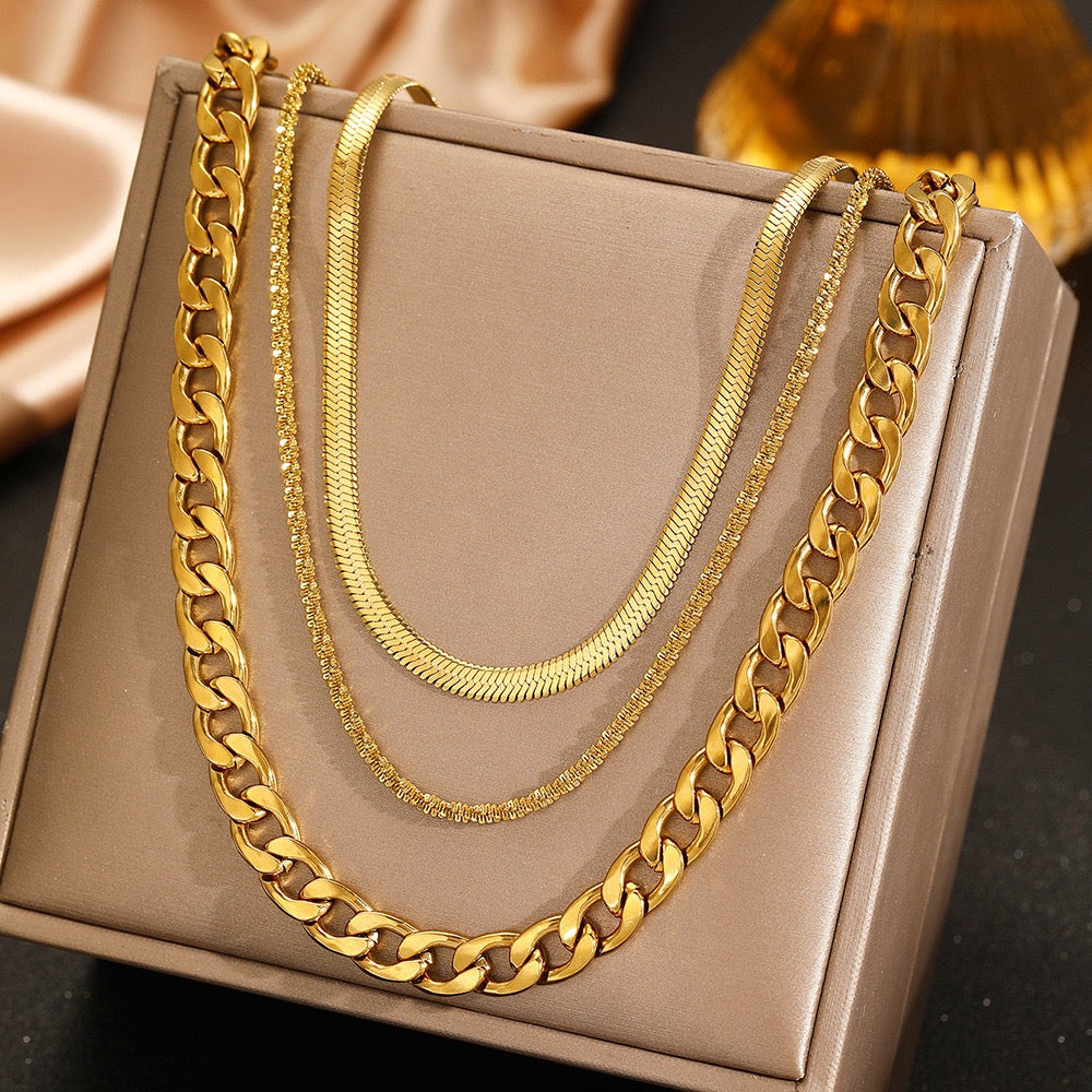 18K Gold Cuban & Snake Chain Layered Necklace Set