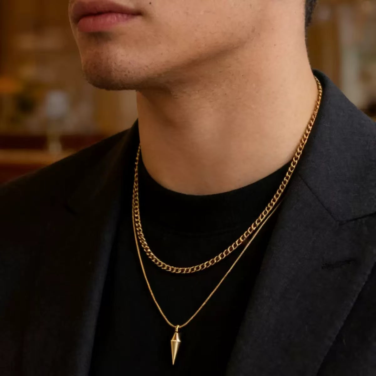 18K Gold Stud Layered Men Necklace