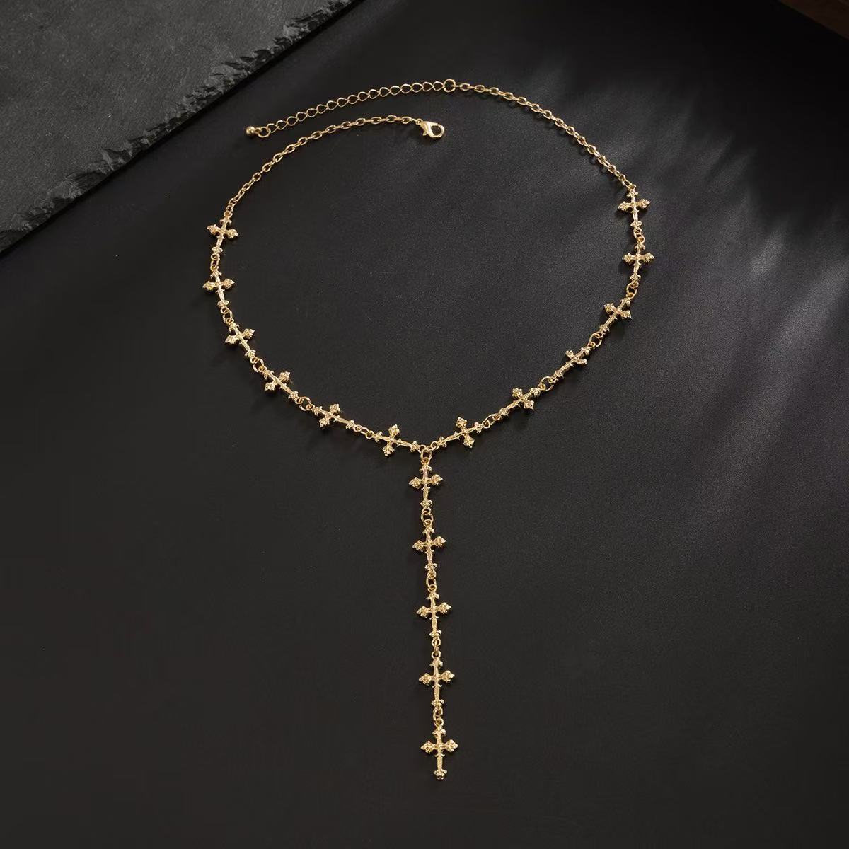 18K Gold Cross Y-Shaped Tassel Long Necklace