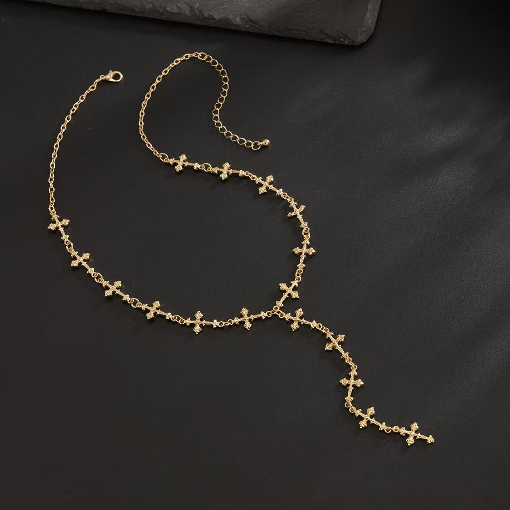 18K Gold Cross Y-Shaped Tassel Long Necklace